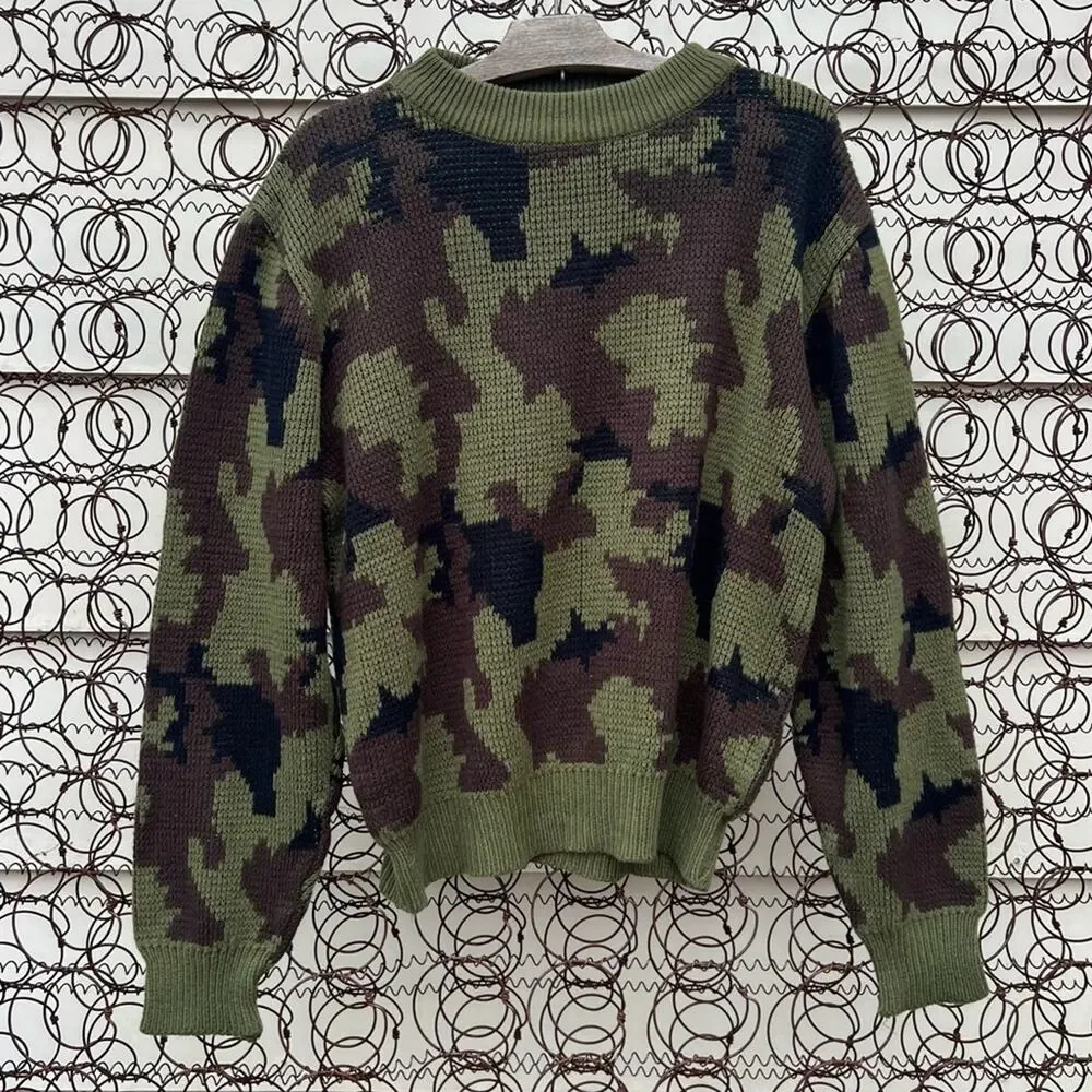 Vintage 80s Redhead Green Brown Camo Knit Hunting Sweater MEDIUM?